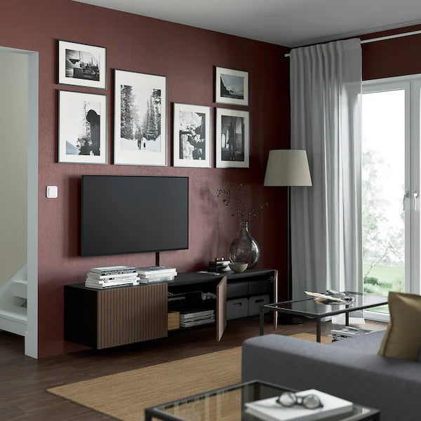 IKEA BESTÅ TV bench with doors, black-brown Björköviken/brown stained oak veneer, 70 7/8x16 1/2x15 "