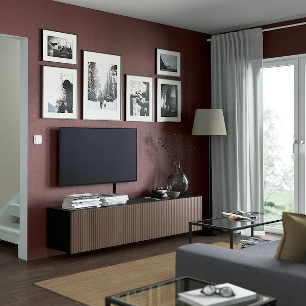 IKEA BESTÅ TV bench with doors, black-brown Björköviken/brown stained oak veneer, 70 7/8x16 1/2x15 "