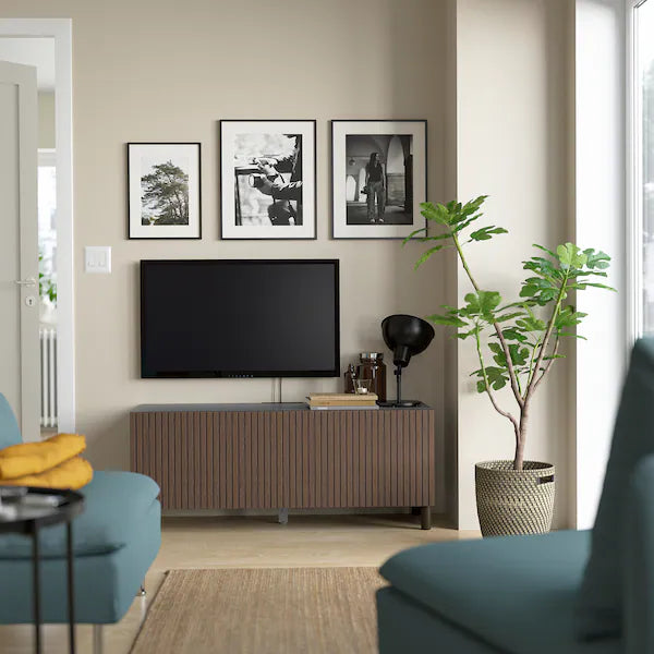 IKEA BESTÅ TV bench with doors, black-brown Björköviken/Mejarp/brown stained oak veneer, 47 1/4x16 1/2x18 7/8 "