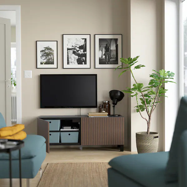 IKEA BESTÅ TV bench with doors, black-brown Björköviken/Stubbarp/brown stained oak veneer, 47 1/4x16 1/2x18 7/8 "