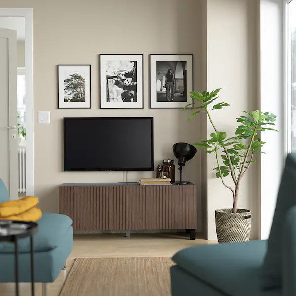 IKEA BESTÅ TV bench with doors, black-brown Björköviken/Stubbarp/brown stained oak veneer, 47 1/4x16 1/2x18 7/8 "