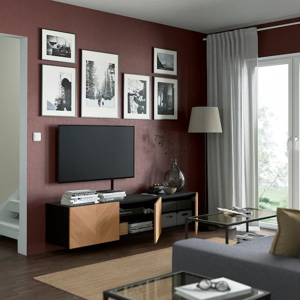 IKEA BESTÅ TV bench with doors, black-brown/Hedeviken oak veneer, 70 7/8x16 1/2x15 "