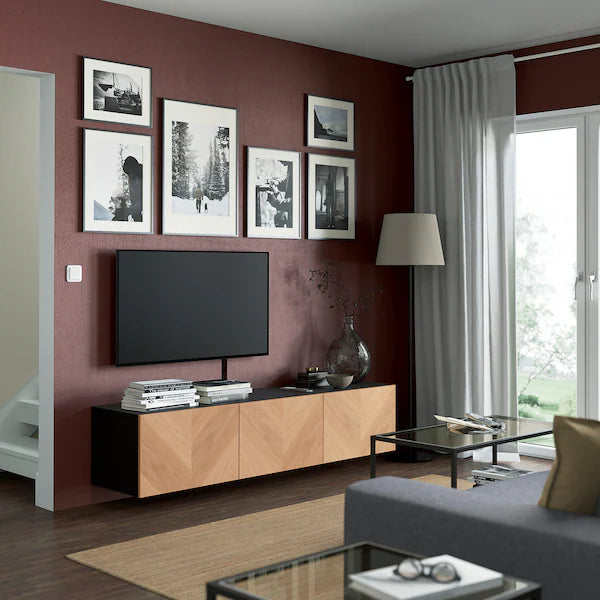 IKEA BESTÅ TV bench with doors, black-brown/Hedeviken oak veneer, 70 7/8x16 1/2x15 "