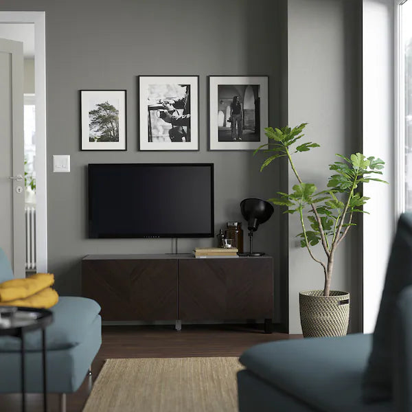 IKEA BESTÅ TV bench with doors, black-brown Hedeviken/Stubbarp/dark brown stained oak veneer, 47 1/4x16 1/2x18 7/8 "