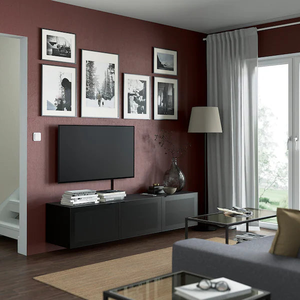IKEA BESTÅ TV bench with doors, black-brown/Mörtviken black, 70 7/8x16 1/2x15 "