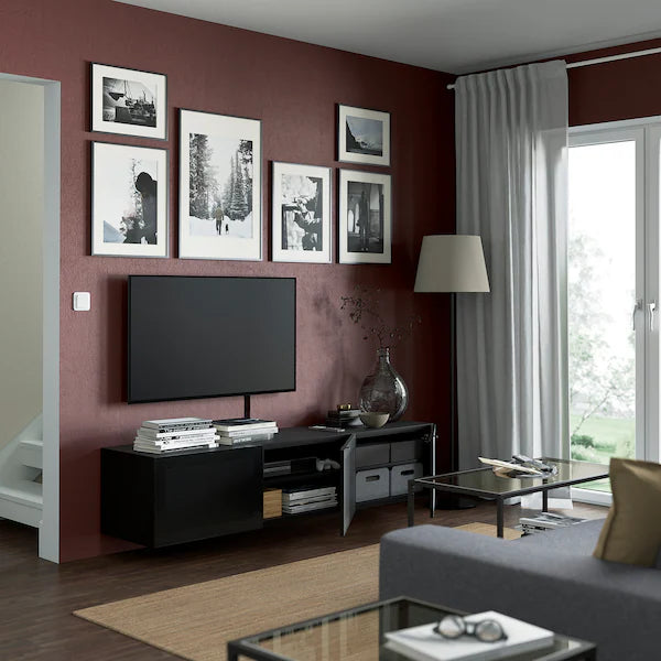 IKEA BESTÅ TV bench with doors, black-brown/Mörtviken black, 70 7/8x16 1/2x15 "