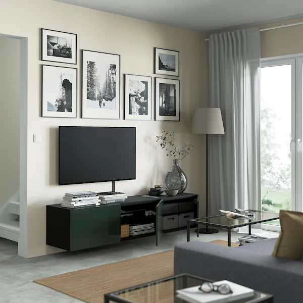 IKEA BESTÅ TV bench with doors, black-brown/Selsviken dark olive-green, 70 7/8x16 1/2x15 "