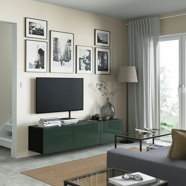 IKEA BESTÅ TV bench with doors, black-brown/Selsviken dark olive-green, 70 7/8x16 1/2x15 "