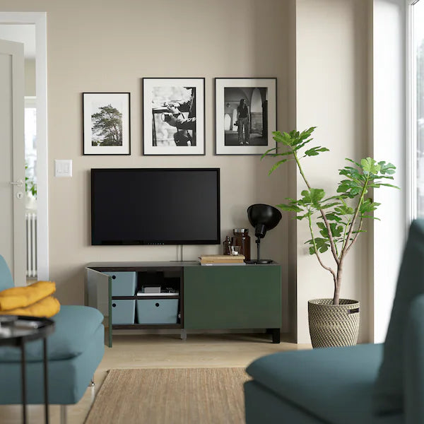 IKEA BESTÅ TV bench with doors, black-brown/Selsviken/Stubbarp dark olive-green, 47 1/4x16 1/2x18 7/8 "