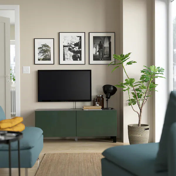 IKEA BESTÅ TV bench with doors, black-brown/Selsviken/Stubbarp dark olive-green, 47 1/4x16 1/2x18 7/8 "
