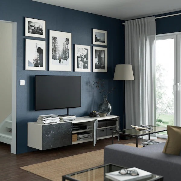 IKEA BESTÅ TV bench with doors, white/Bergsviken black, 70 7/8x16 1/2x15 "