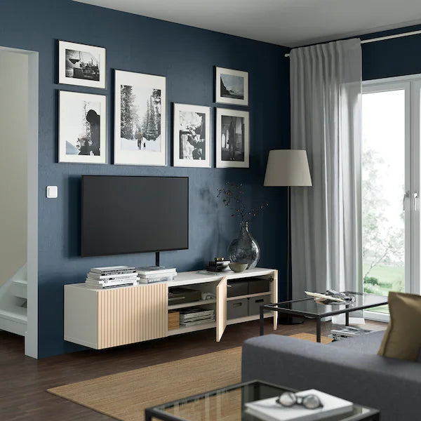 IKEA BESTÅ TV bench with doors, white Björköviken/birch veneer, 70 7/8x16 1/2x15 "