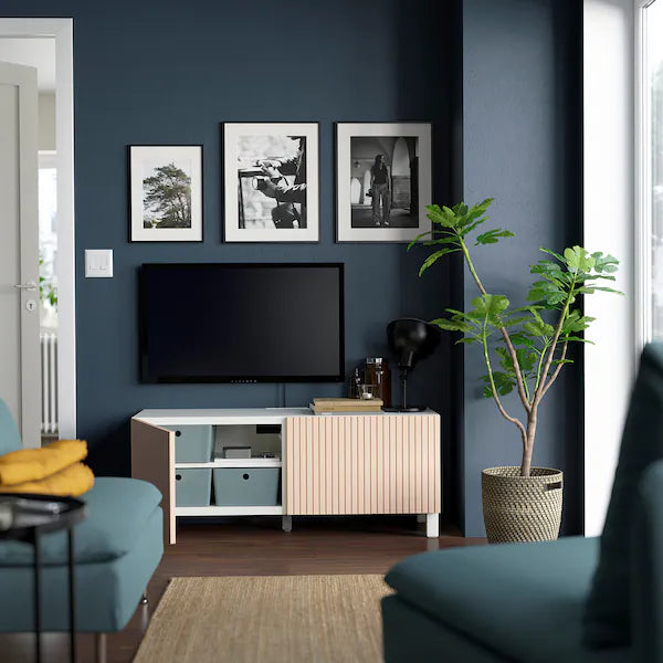 IKEA BESTÅ TV bench with doors, white Björköviken/Stubbarp/birch veneer, 47 1/4x16 1/2x18 7/8 "