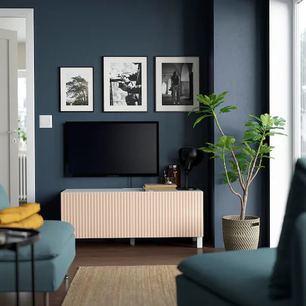 IKEA BESTÅ TV bench with doors, white Björköviken/Stubbarp/birch veneer, 47 1/4x16 1/2x18 7/8 "