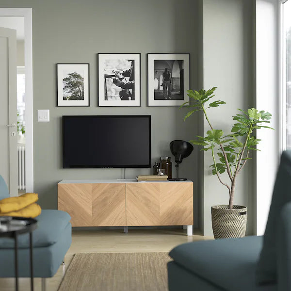 IKEA BESTÅ TV bench with doors, white Hedeviken/Stubbarp/oak veneer, 47 1/4x16 1/2x18 7/8 "