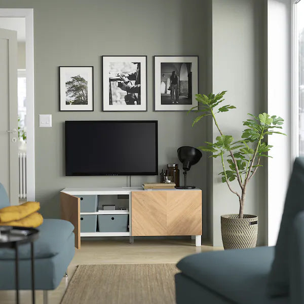 IKEA BESTÅ TV bench with doors, white Hedeviken/Stubbarp/oak veneer, 47 1/4x16 1/2x18 7/8 "