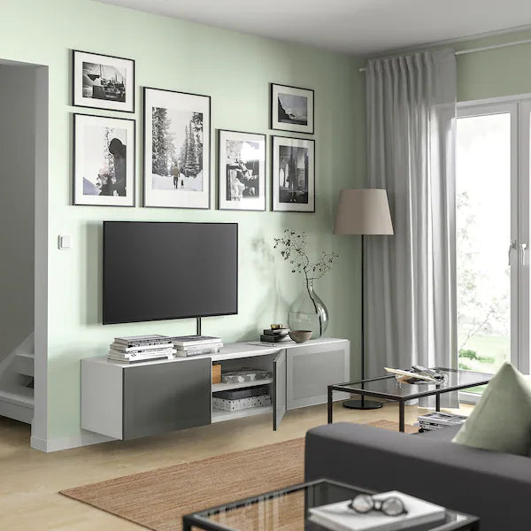IKEA BESTÅ TV bench with doors, white/Mörtviken dark gray, 70 7/8x16 1/2x15 "