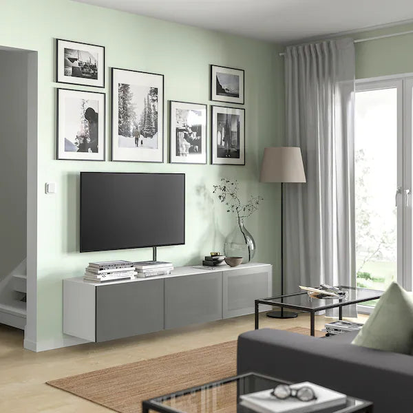 IKEA BESTÅ TV bench with doors, white/Mörtviken dark gray, 70 7/8x16 1/2x15 "