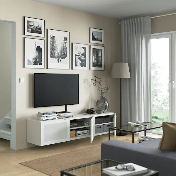 IKEA BESTÅ TV bench with doors, white/Mörtviken white, 70 7/8x16 1/2x15 "