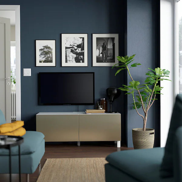 IKEA BESTÅ TV bench with doors, white Riksviken/Stubbarp/bronze color, 47 1/4x16 1/2x18 7/8 "