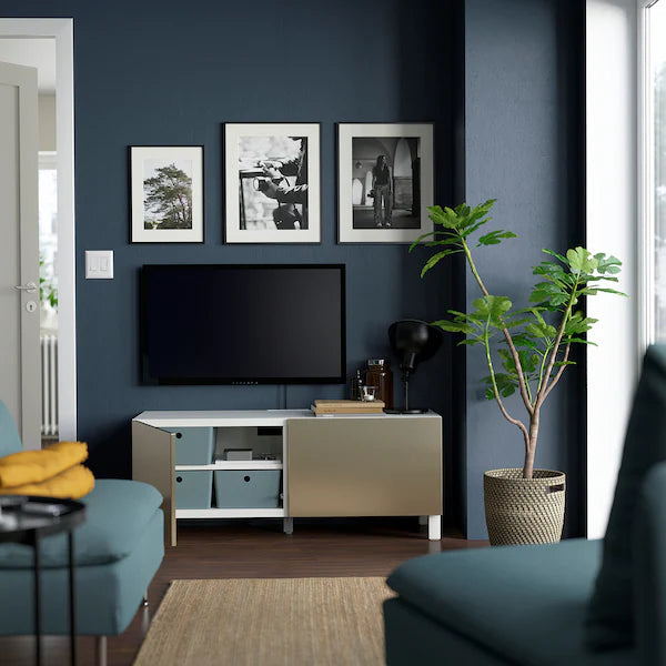 IKEA BESTÅ TV bench with doors, white Riksviken/Stubbarp/bronze color, 47 1/4x16 1/2x18 7/8 "