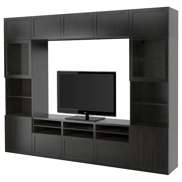 IKEA BESTÅ TV storage combination/glass doors, black-brown/Hanviken black-brown clear glass, 118 1/8x16 1/2x91 "