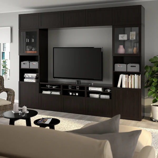 IKEA BESTÅ TV storage combination/glass doors, black-brown/Hanviken black-brown clear glass, 118 1/8x16 1/2x91 "