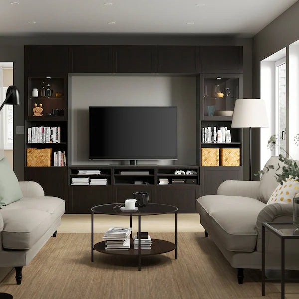 IKEA BESTÅ TV storage combination/glass doors, black-brown/Hanviken black-brown clear glass, 118 1/8x16 1/2x91 "
