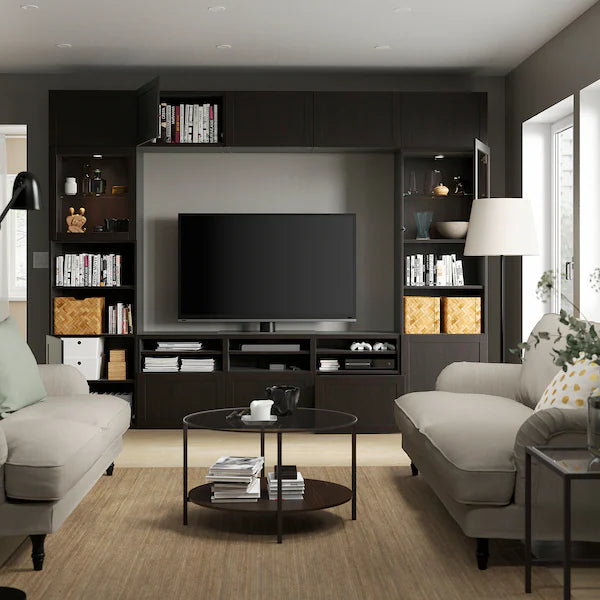 IKEA BESTÅ TV storage combination/glass doors, black-brown/Hanviken black-brown clear glass, 118 1/8x16 1/2x91 "