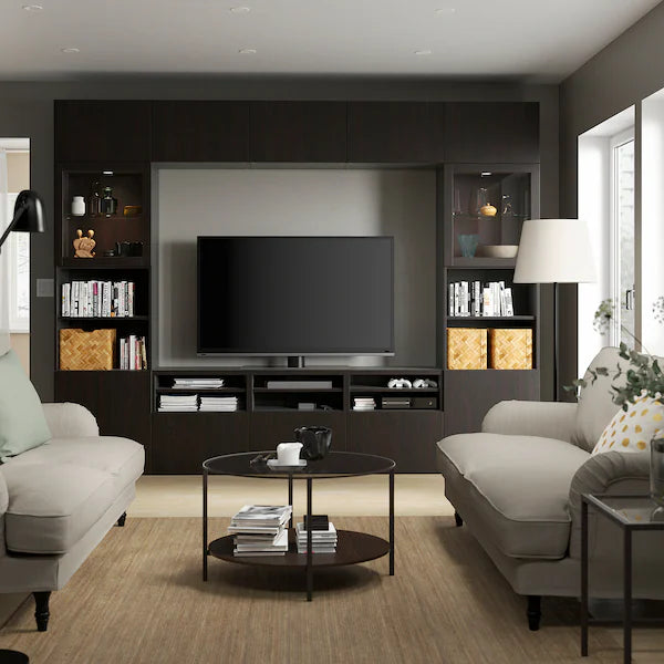 IKEA BESTÅ TV storage combination/glass doors, black-brown/Lappviken black-brown clear glass, 118 1/8x16 1/2x91 "