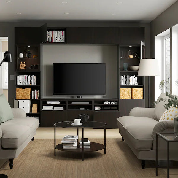 IKEA BESTÅ TV storage combination/glass doors, black-brown/Lappviken black-brown clear glass, 118 1/8x16 1/2x91 "