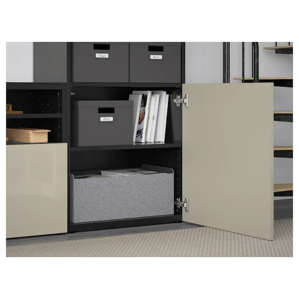 IKEA BESTÅ TV storage combination/glass doors, black-brown/Selsviken high gloss/beige clear glass, 118 1/8x16 1/2x91 "