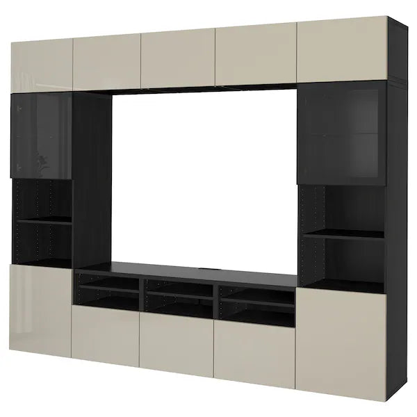 IKEA BESTÅ TV storage combination/glass doors, black-brown/Selsviken high gloss/beige clear glass, 118 1/8x16 1/2x91 "