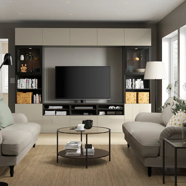IKEA BESTÅ TV storage combination/glass doors, black-brown/Selsviken high gloss/beige clear glass, 118 1/8x16 1/2x91 "