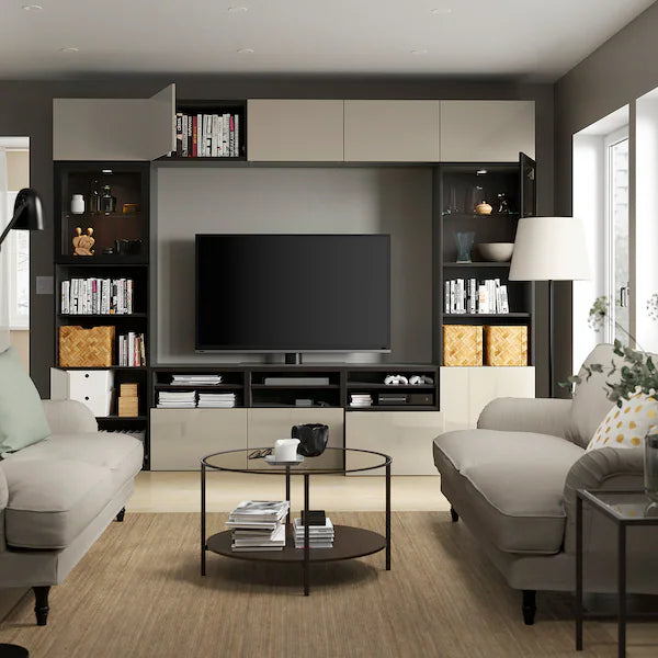 IKEA BESTÅ TV storage combination/glass doors, black-brown/Selsviken high gloss/beige clear glass, 118 1/8x16 1/2x91 "