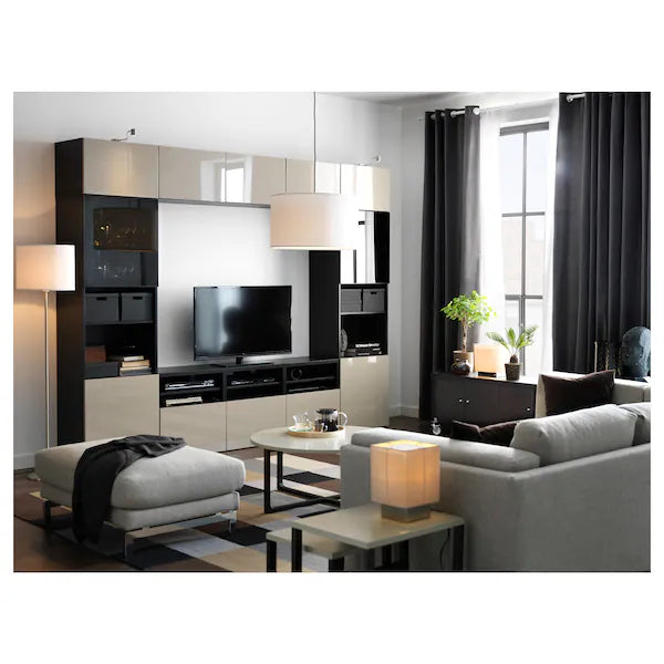 IKEA BESTÅ TV storage combination/glass doors, black-brown/Selsviken high gloss/beige smoked glass, 118 1/8x16 1/2x91 "