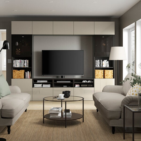 IKEA BESTÅ TV storage combination/glass doors, black-brown/Selsviken high gloss/beige smoked glass, 118 1/8x16 1/2x91 "