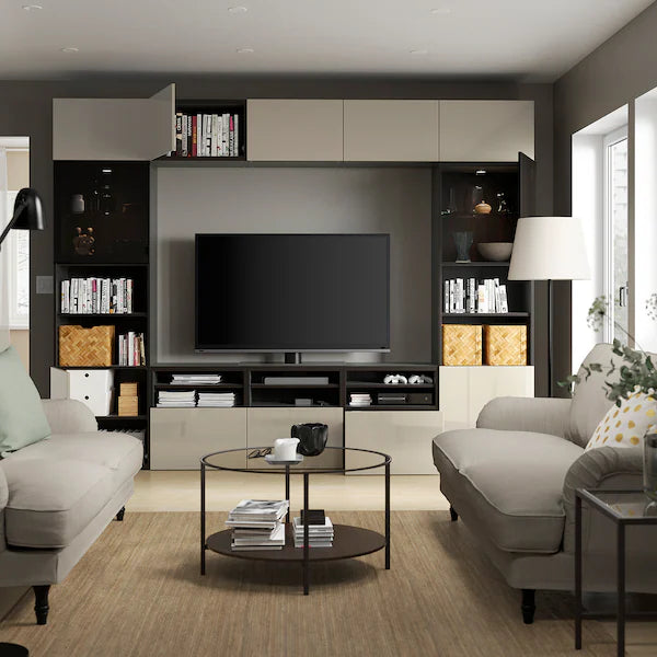 IKEA BESTÅ TV storage combination/glass doors, black-brown/Selsviken high gloss/beige smoked glass, 118 1/8x16 1/2x91 "