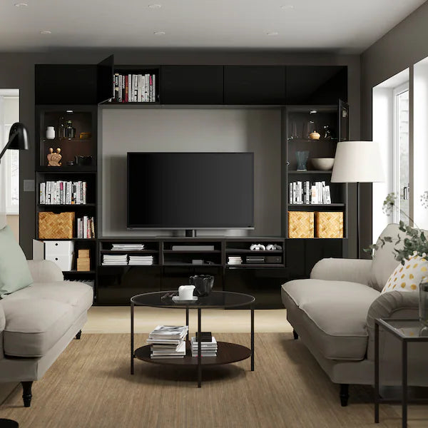 IKEA BESTÅ TV storage combination/glass doors, black-brown/Selsviken high gloss/black clear glass, 118 1/8x16 1/2x91 "