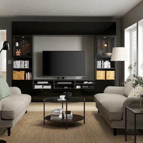 IKEA BESTÅ TV storage combination/glass doors, black-brown/Selsviken high gloss/black clear glass, 118 1/8x16 1/2x91 "