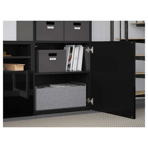 IKEA BESTÅ TV storage combination/glass doors, black-brown/Selsviken high gloss/black smoked glass, 118 1/8x16 1/2x91 "