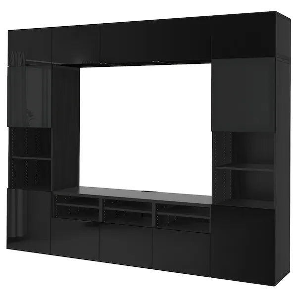 IKEA BESTÅ TV storage combination/glass doors, black-brown/Selsviken high gloss/black smoked glass, 118 1/8x16 1/2x91 "