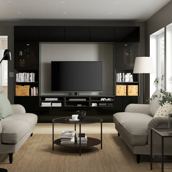 IKEA BESTÅ TV storage combination/glass doors, black-brown/Selsviken high gloss/black smoked glass, 118 1/8x16 1/2x91 "