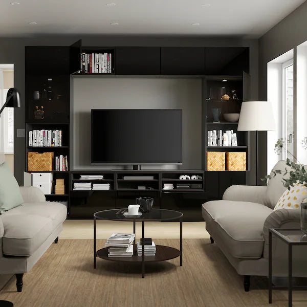 IKEA BESTÅ TV storage combination/glass doors, black-brown/Selsviken high gloss/black smoked glass, 118 1/8x16 1/2x91 "