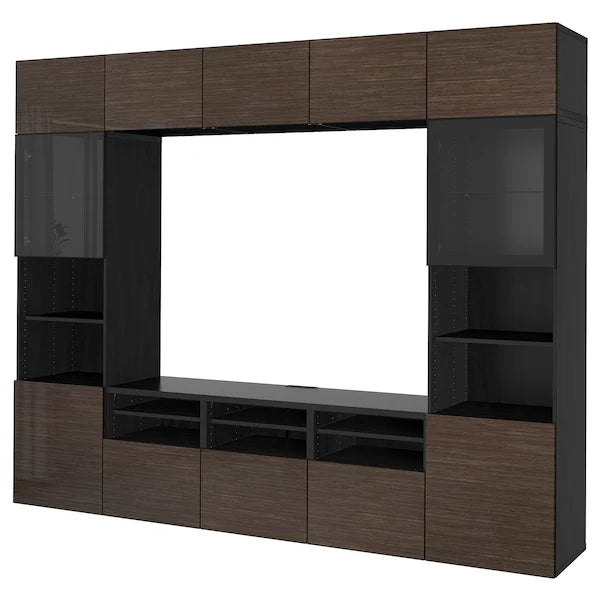 IKEA BESTÅ TV storage combination/glass doors, black-brown/Selsviken high gloss/brown clear glass, 118 1/8x16 1/2x91 "