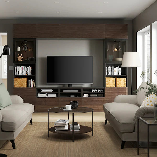 IKEA BESTÅ TV storage combination/glass doors, black-brown/Selsviken high gloss/brown clear glass, 118 1/8x16 1/2x91 "