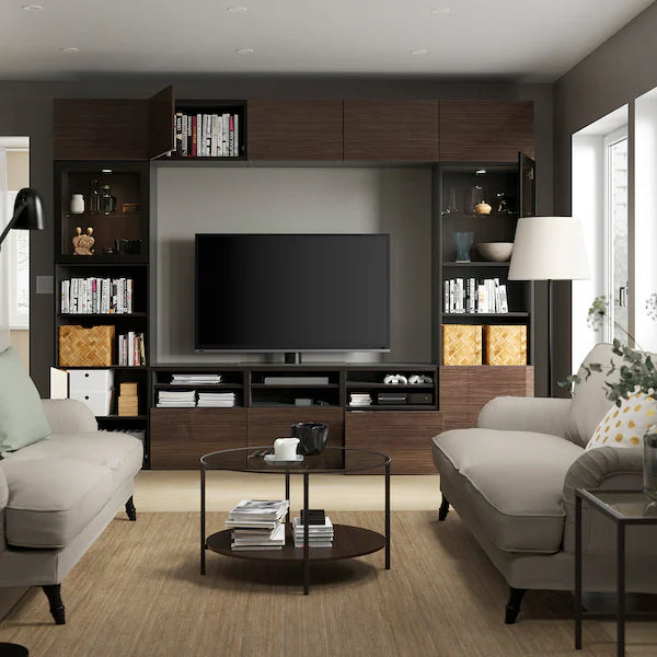 IKEA BESTÅ TV storage combination/glass doors, black-brown/Selsviken high gloss/brown clear glass, 118 1/8x16 1/2x91 "