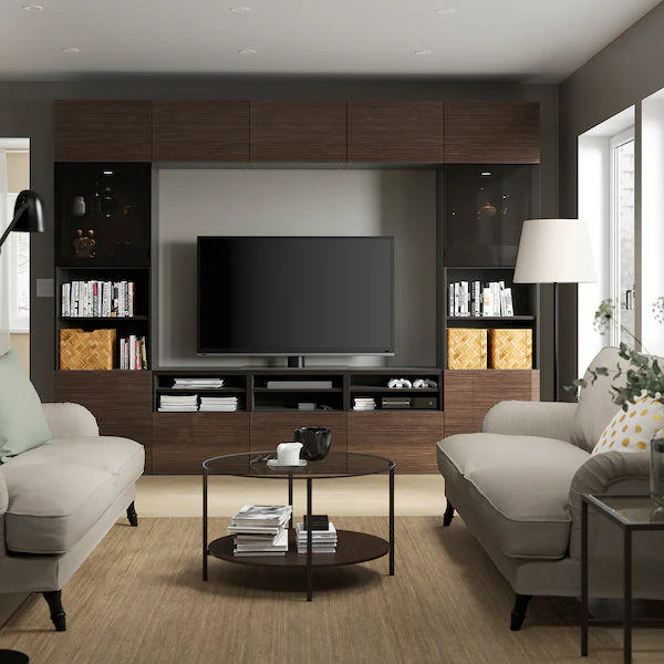 IKEA BESTÅ TV storage combination/glass doors, black-brown/Selsviken high gloss/brown smoked glass, 118 1/8x16 1/2x91 "