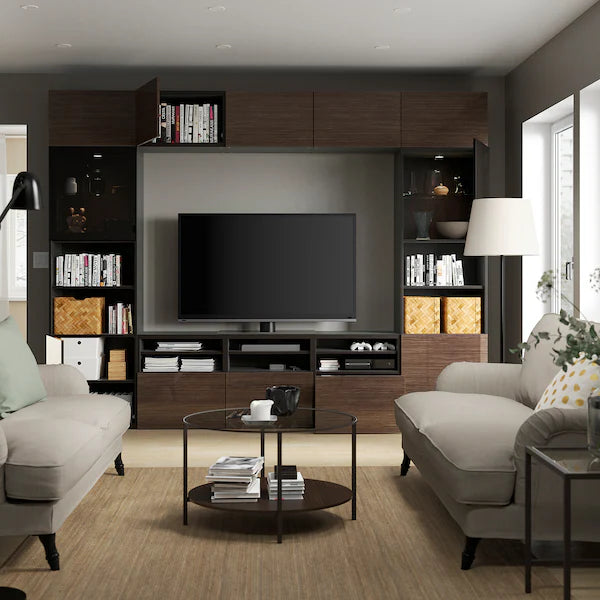IKEA BESTÅ TV storage combination/glass doors, black-brown/Selsviken high gloss/brown smoked glass, 118 1/8x16 1/2x91 "