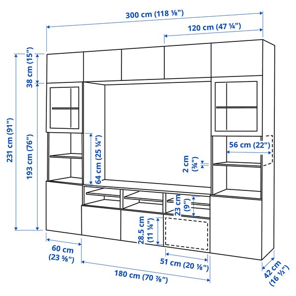 IKEA BESTÅ TV storage combination/glass doors, dark gray Lappviken/Fällsvik anthracite, 118 1/8x16 1/2x91 "